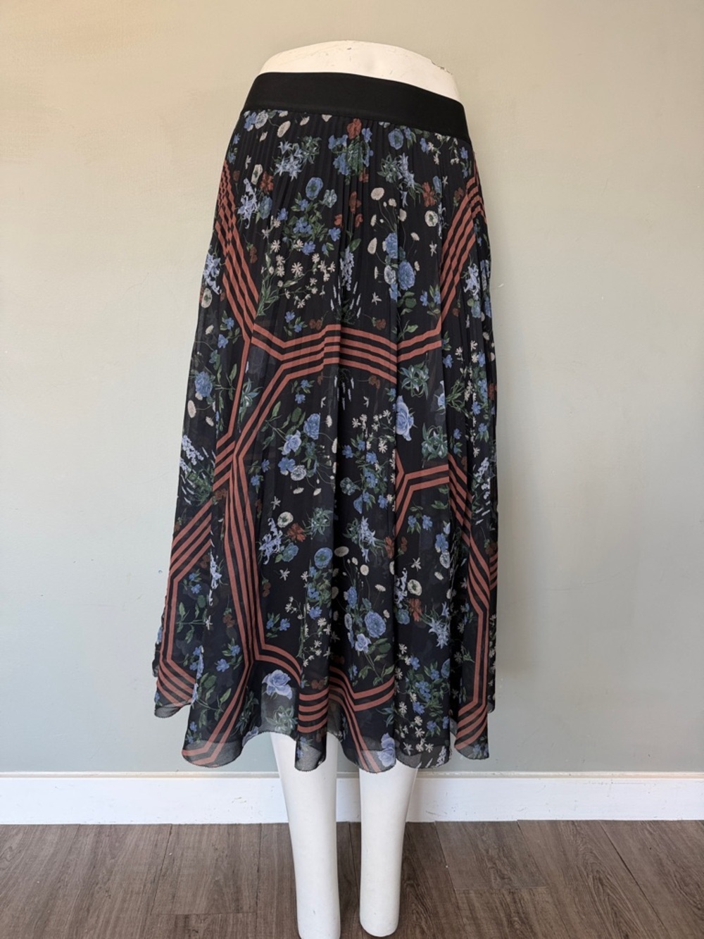 Wilfred Floral Midi Skirt with Rust Stripe Accents